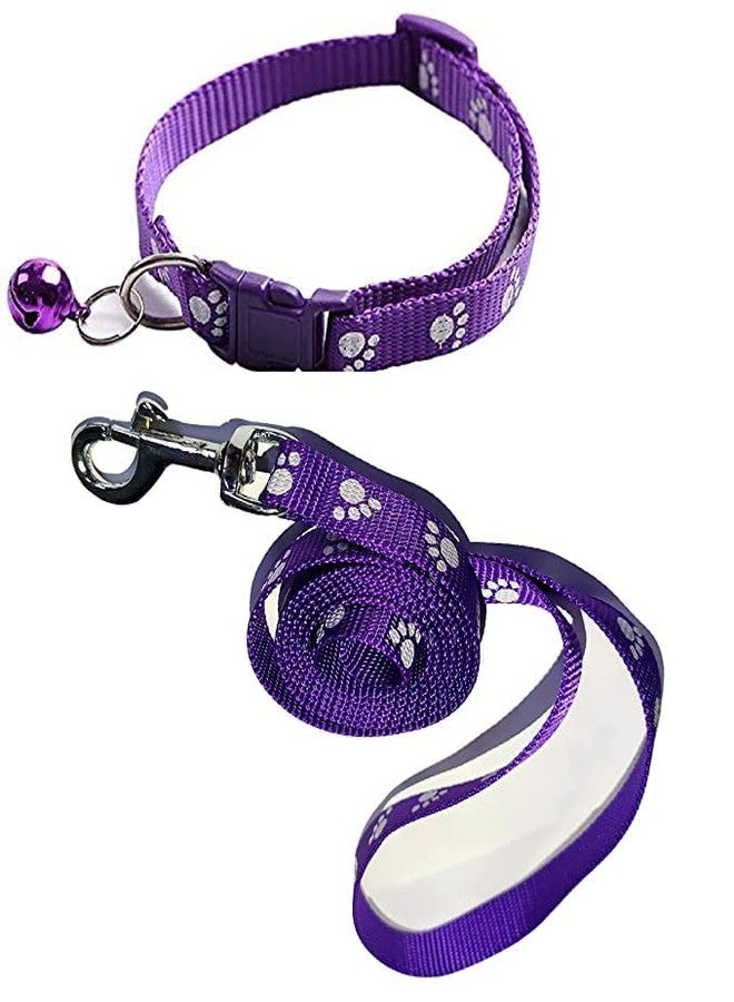 Pups&Pets 15MM Adjustable Nylon Paw Print Design Cute Collar and Leash Set with Bell for Dogs & Cat - (Purple) - Image 1